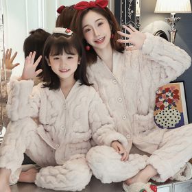 Girls Pajamas Coral Velvet Thickened Parent-child Mother And Daughter Clothes Set (Option: White-8)