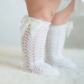 Children's Solid Color Mesh Bow Mid Length Socks With Removable Loops (Option: White-S foot length10cm)